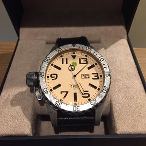 Lucky Brand 
Large face/ black leather strap